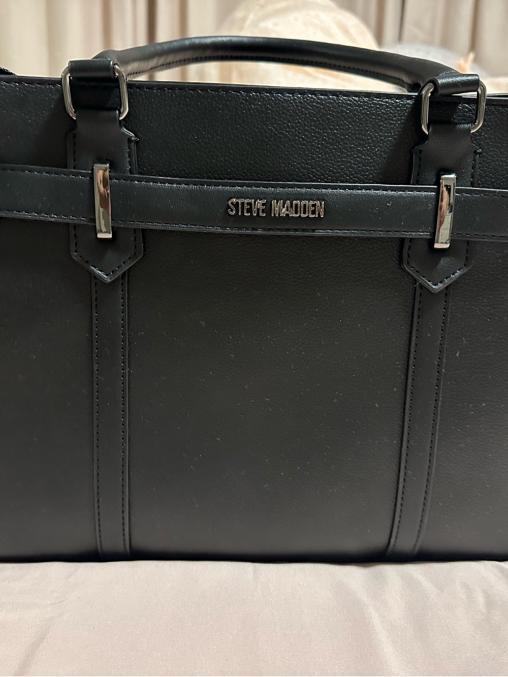 Steve Madden Black Leather Men’s Briefcase with Silver Hardware